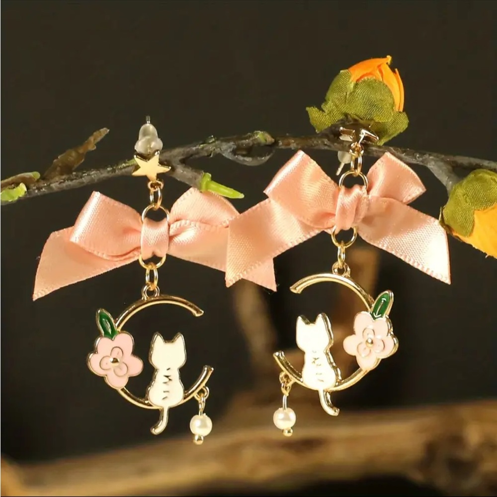 Gold Plated Cute Pink Big Bowknot Drop Earrings Hollow Out Flower White‎ Cat